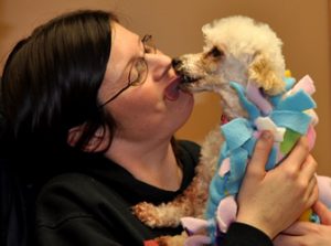 Small dog kissing lady